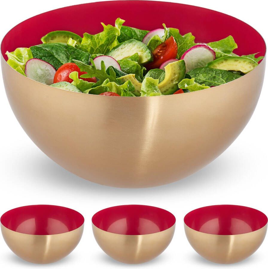 Relaxdays 4x saladeschaal 3 5 liter rood-goud slakom mengkom Ø 25cm rvs