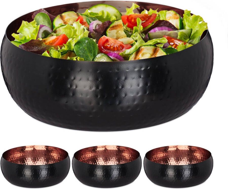 Relaxdays 4x saladeschaal rvs Ø 25 cm gehamerde look serveerschaal zwart koper
