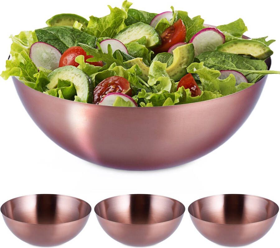 Relaxdays 4x saladeschaal slakom ovaal keukenschaal rvs mengkom koper