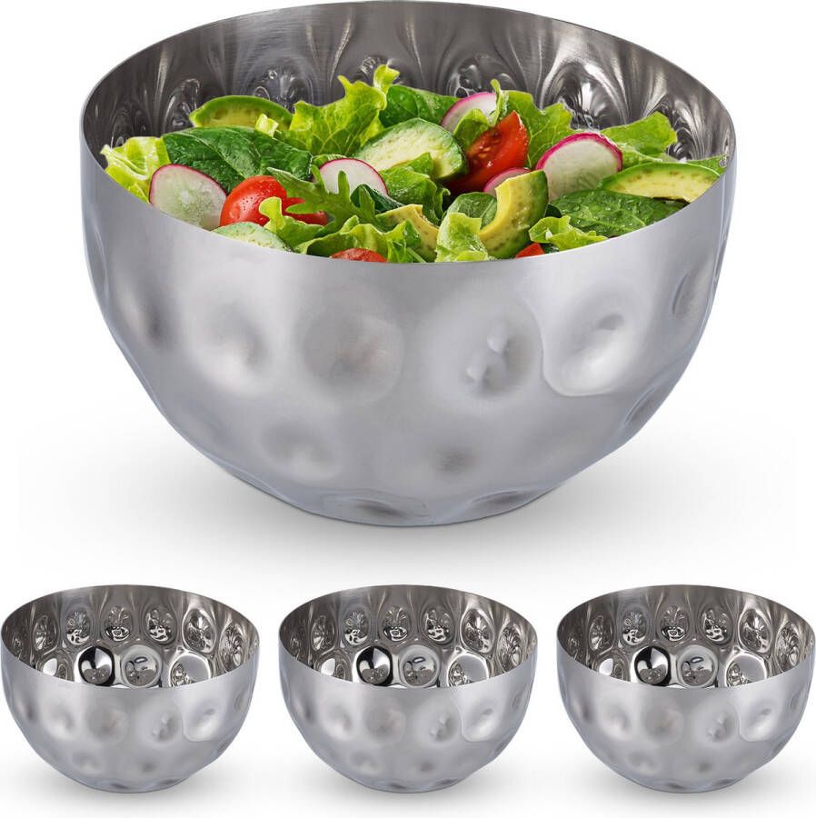 Relaxdays 4x saladeschaal zilver saladekom rvs 1 liter serveerkom metalen schaal