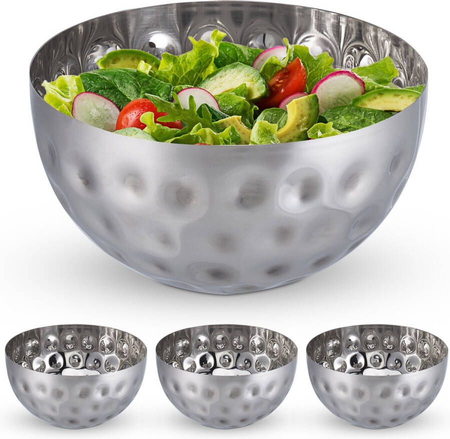 Relaxdays 4x saladeschaal zilver saladekom rvs deco schaal serveerkom 2 liter
