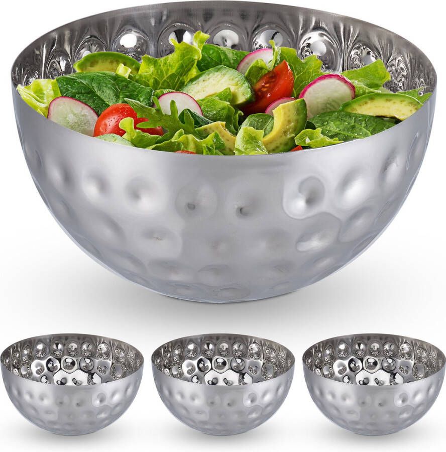 Relaxdays 4x saladeschaal zilver saladekom rvs deco schaal serveerkom 3 5 liter