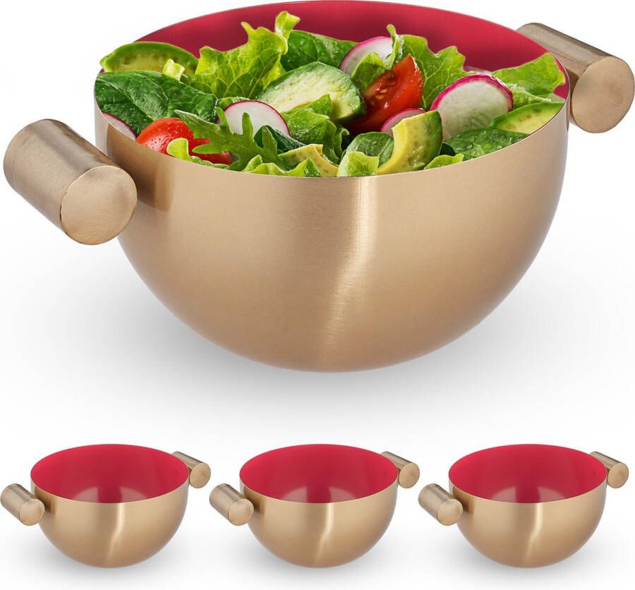 Relaxdays 4x serveerkom rvs saladeschaal 1 liter mengkom goud metalen schaal keuken