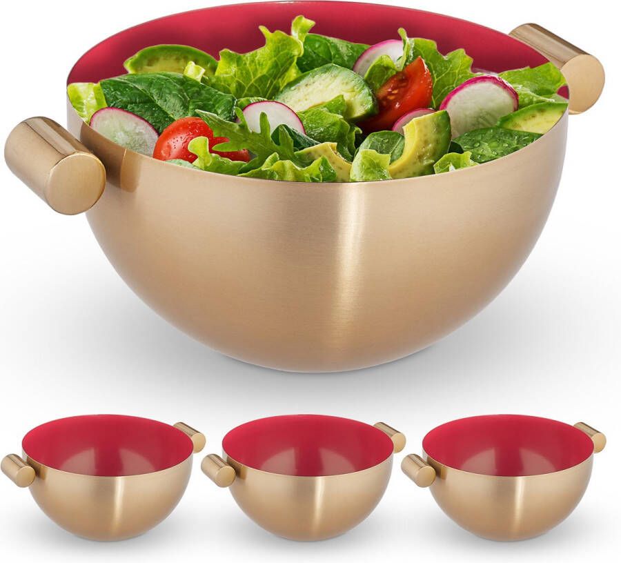 Relaxdays 4x serveerkom rvs saladeschaal hoog mengkom goud metalen schaal 2 liter