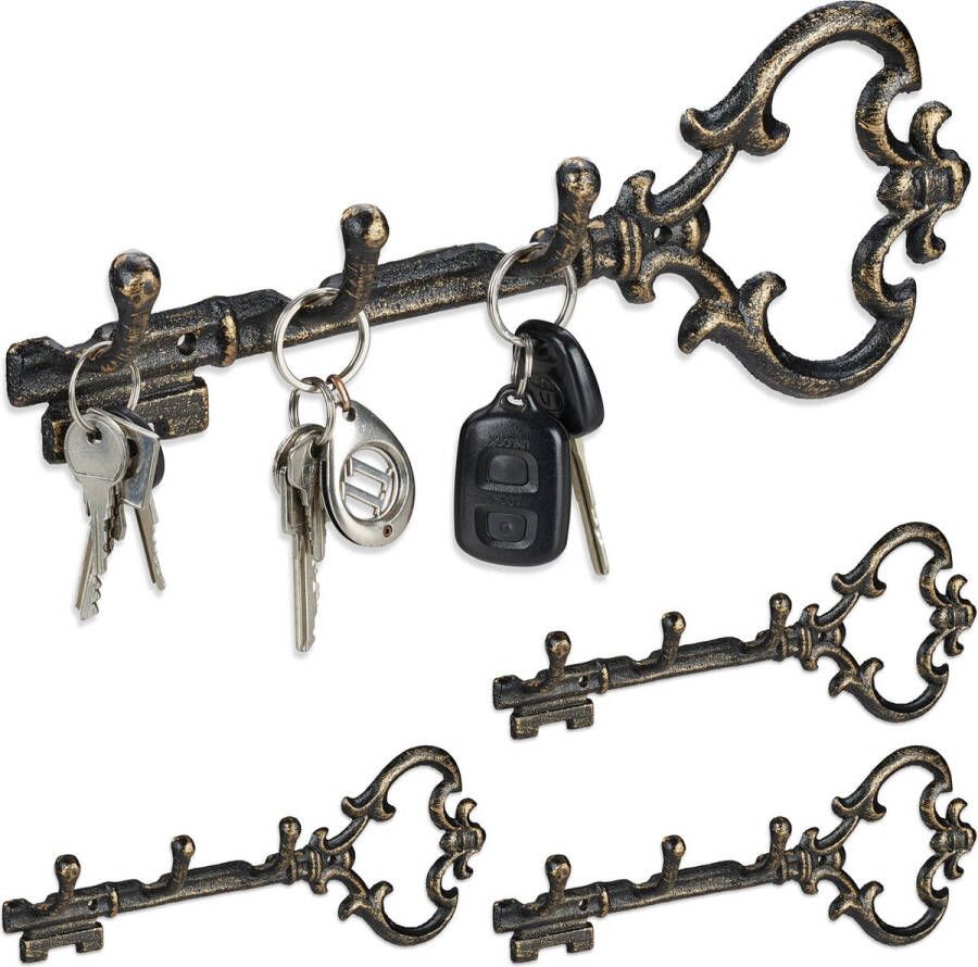 Relaxdays 4x sleutelrekje vintage sleutel organizer 3 haken- sleutelrek 3 haken brons