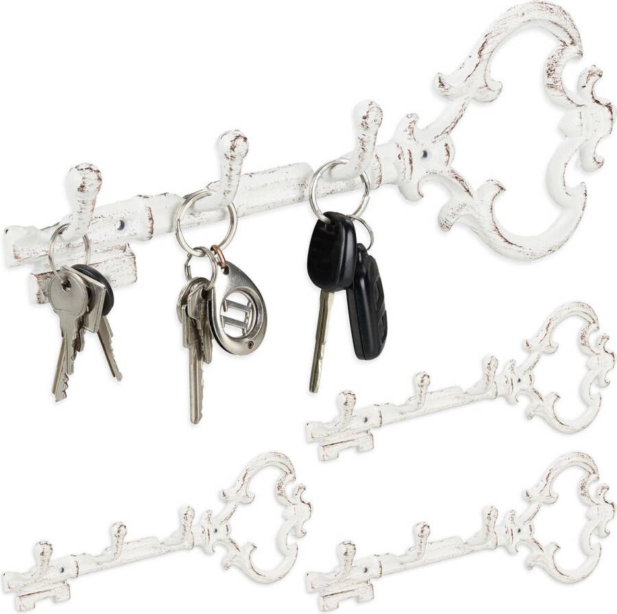 Relaxdays 4x sleutelrekje vintage sleutel organizer 3 haken- sleutelrek 3 haken wit