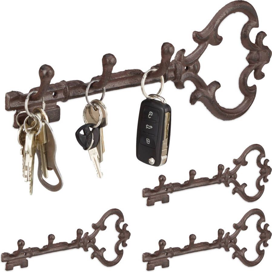 Relaxdays 4x sleutelrekje vintage sleutel organizer sleutelrek 3 haken ophanghaken