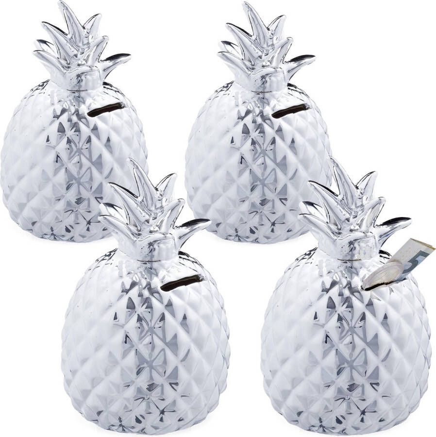Relaxdays 4x spaarpot ananas spaarvarken zilver afsluitbare spaarpot met slot