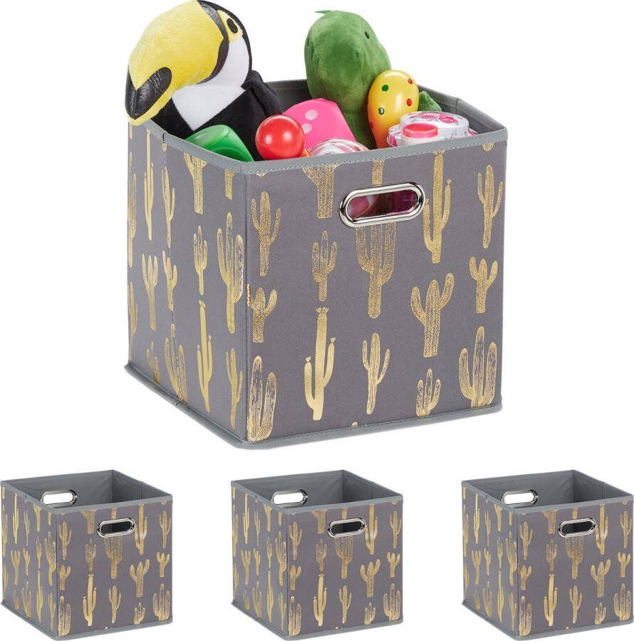 Relaxdays 4x stoffen opbergmand cactus print grijze opbergdoos vierkant slaapkamer