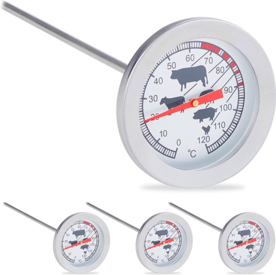 Relaxdays 4x vleesthermometer analoog bbq thermometer rvs braadthermometer barbecue
