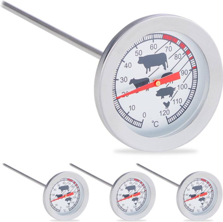 Relaxdays 4x vleesthermometer analoog bbq thermometer rvs braadthermometer barbecue