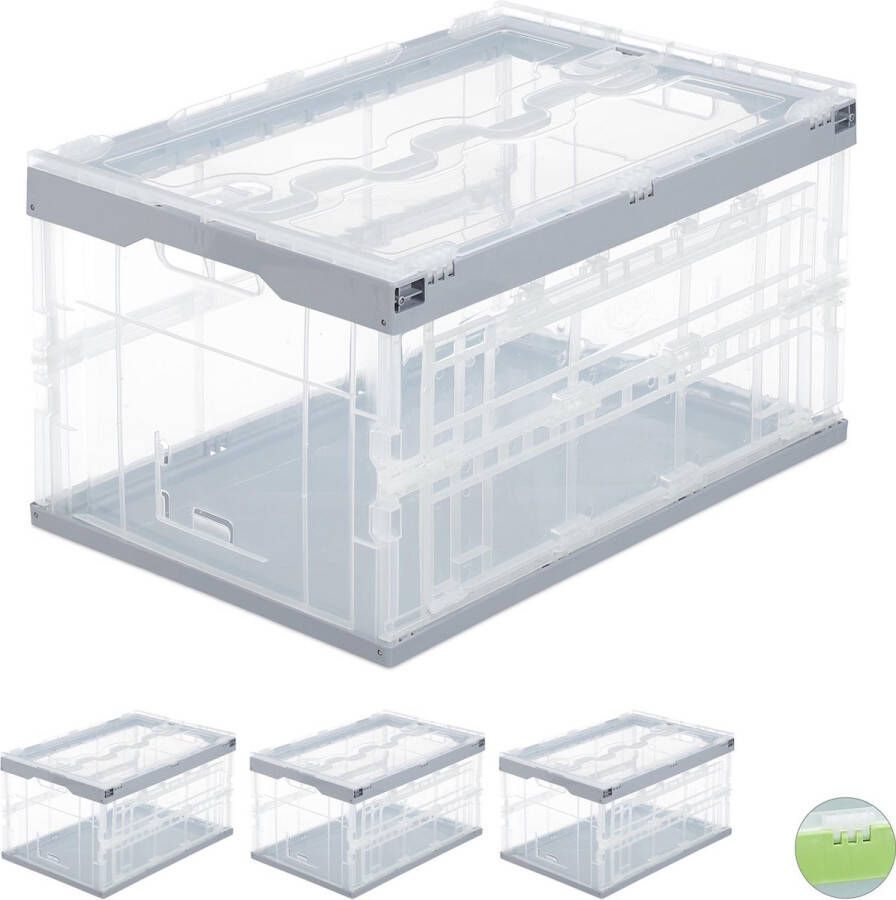 Relaxdays 4x vouwkrat professioneel transparant boodschappenkrat stapelbaar 60 L