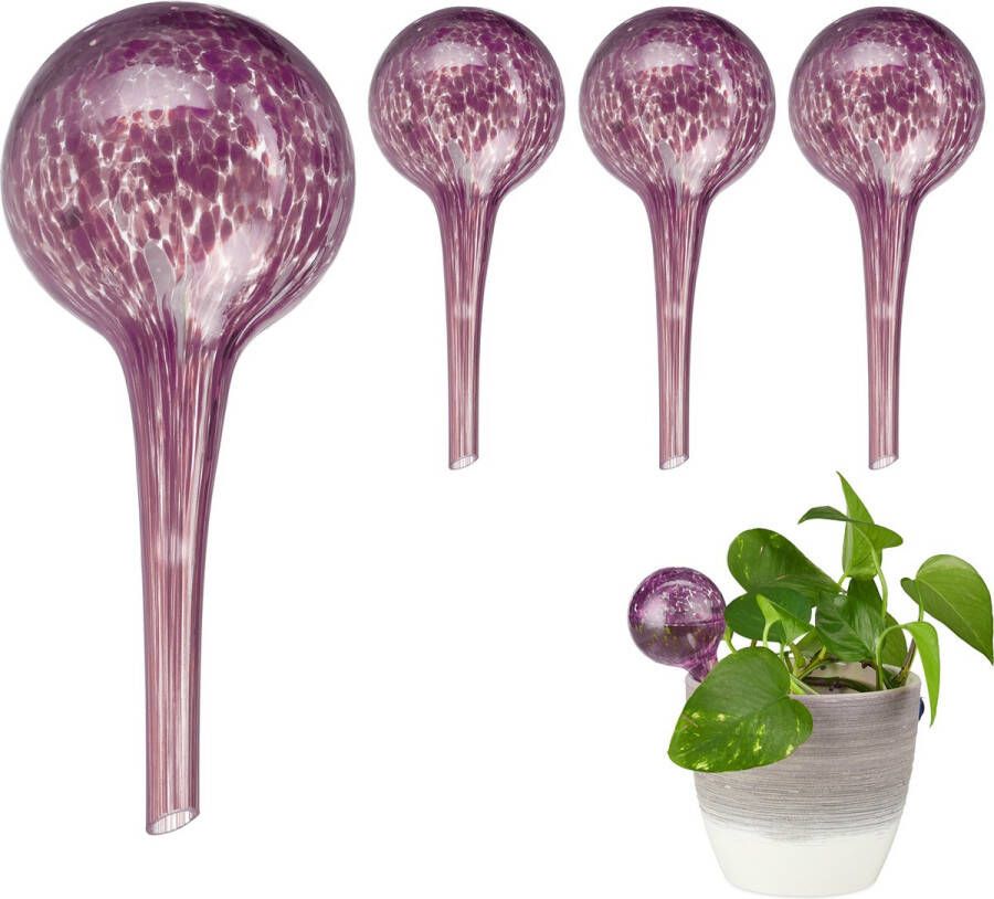 Relaxdays 4x waterdruppelaar glas paars plantbewateringssysteem Ø 6 cm kamerplanten