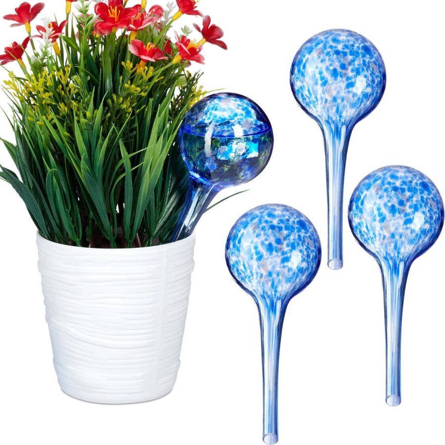 Relaxdays 4x waterdruppelaar glas waterbollen voor planten Ø 6 cm blauw
