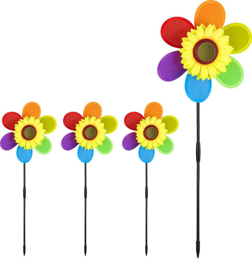 Relaxdays 4x windmolen bloem zonnebloem tuinsteker tuindecoratie regenboog