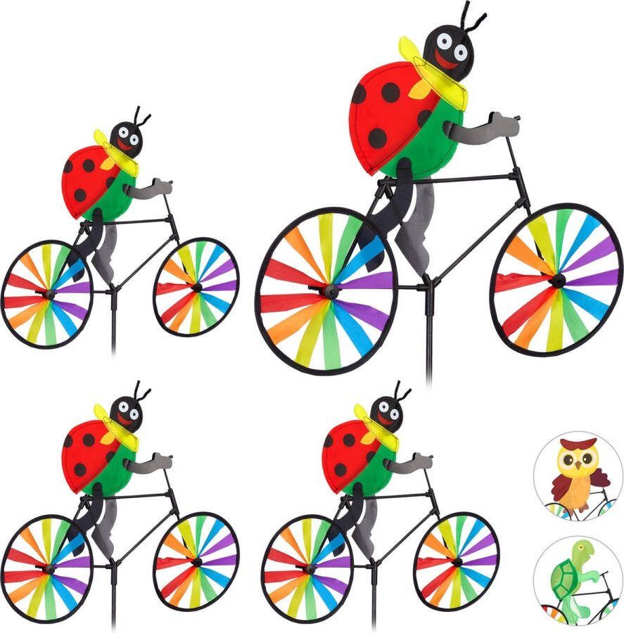 Relaxdays 4x windmolen fiets windspel tuinsteker lieveheersbeestje decoratie