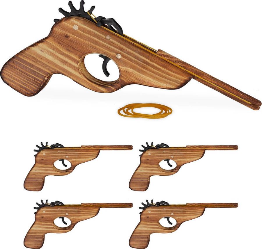 Relaxdays 5 x elastiek pistool geweer houten pistool speelgoedpistool elastiekjes