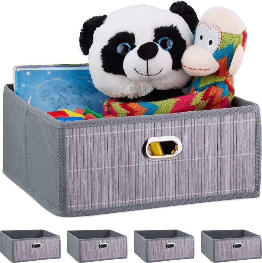 Relaxdays 5 x opbergmand badkamer bamboe mand opbergdoos stof opbergbox grijs