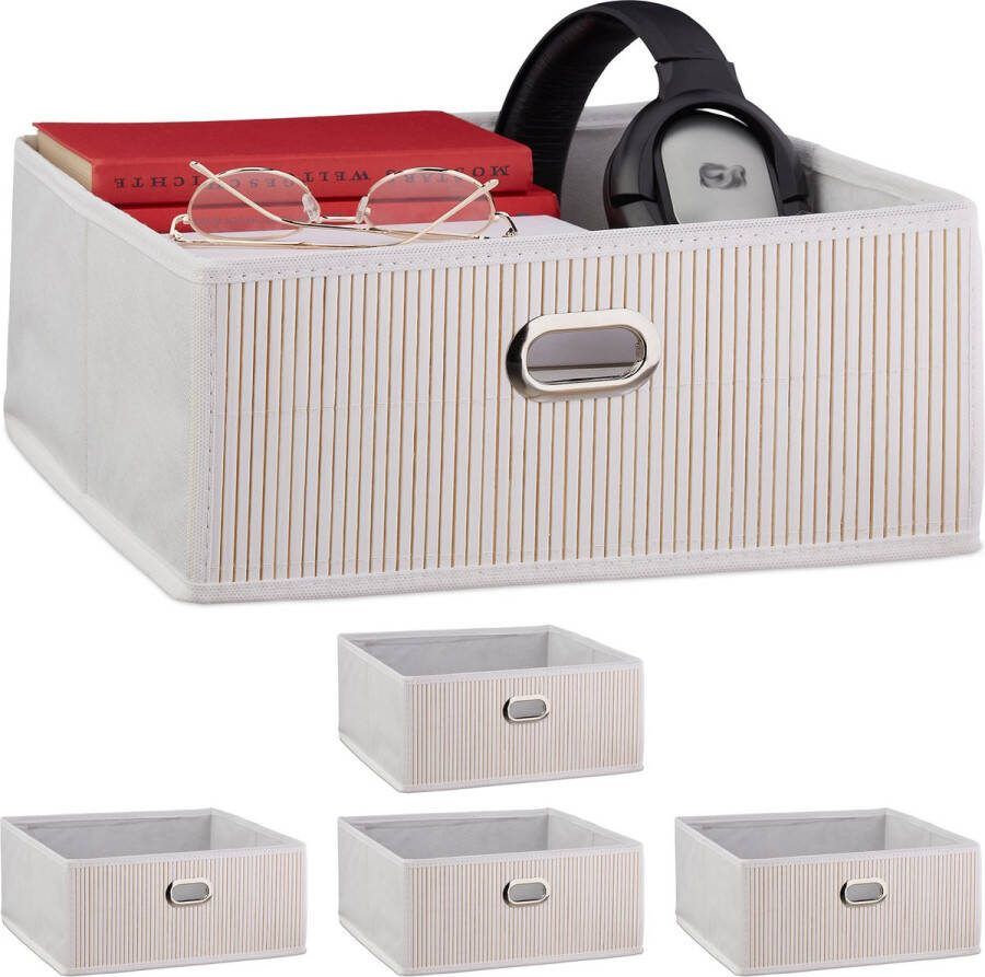 Relaxdays 5 x opbergmand badkamer bamboe mand opbergdoos stof opbergbox wit