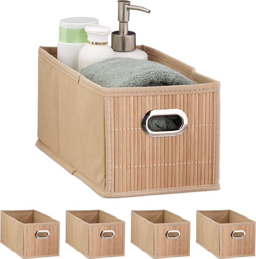 Relaxdays 5x opbergmand bamboe badkamer mand stoffen opbergbox mandje stof natuur