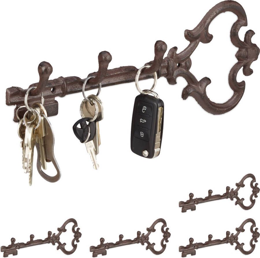 Relaxdays 5x sleutelrekje vintage sleutel organizer sleutelrek 3 haken ophanghaken