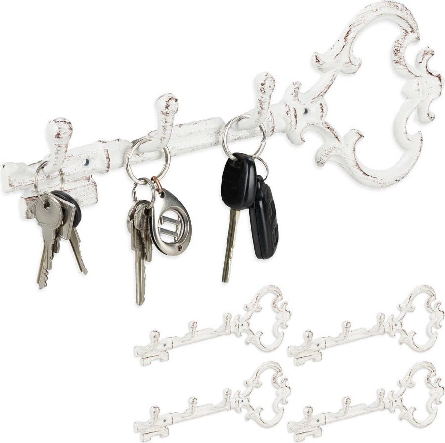 Relaxdays 5x sleutelrekje vintage sleutel organizer sleutelvorm sleutelrek 3 haken