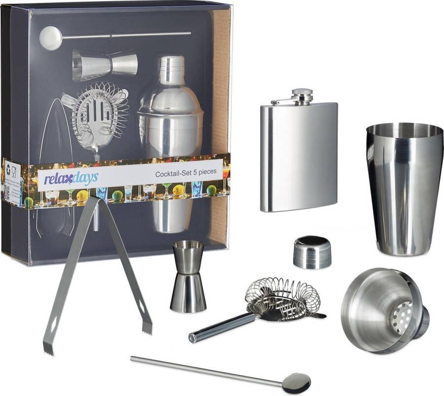 Relaxdays 6 delige bar set heupfles 200ml cocktailshakers en accessoires gemaakt van rvs