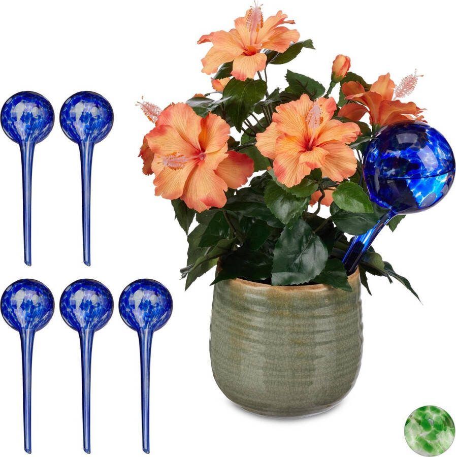 Relaxdays 6 x waterdruppelaar glas watergeefsysteem waterbollen Ø 9 cm – blauw
