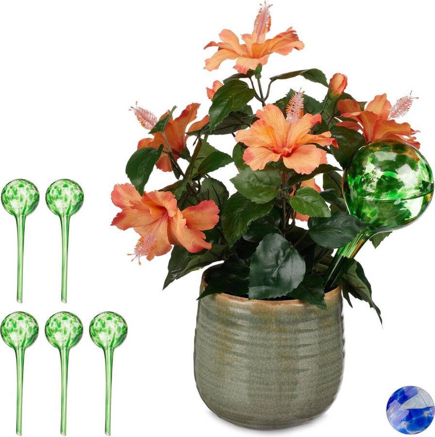 Relaxdays 6 x waterdruppelaar glas watergeefsysteem waterbollen Ø 9 cm – groen