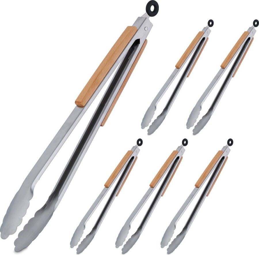 Relaxdays 6x barbecuetang houten handgreep bbq serveertang vleestang 38 cm rvs
