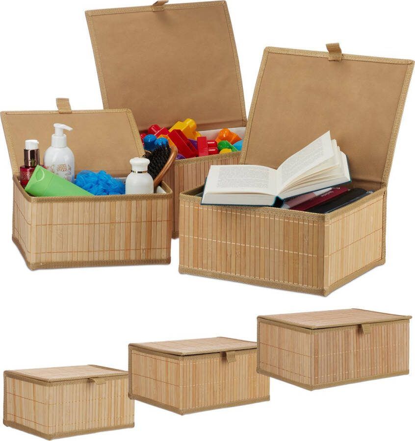 Relaxdays 6x opbergmand bamboe met deksel manden set badkamer opbergbox natuur