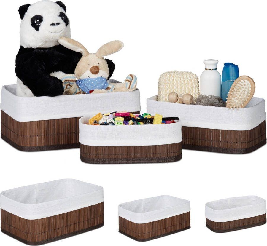 Relaxdays 6x opbergmand bamboe stof mandjes badkamermanden bruin