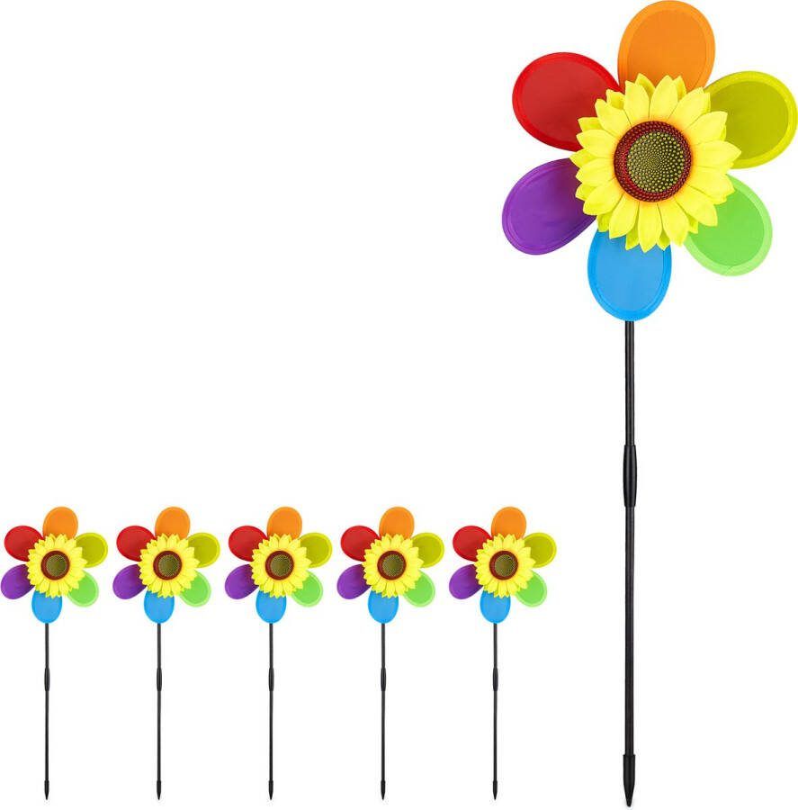 Relaxdays 6x windmolen bloem zonnebloem tuinsteker regenboog grote tuindecoratie