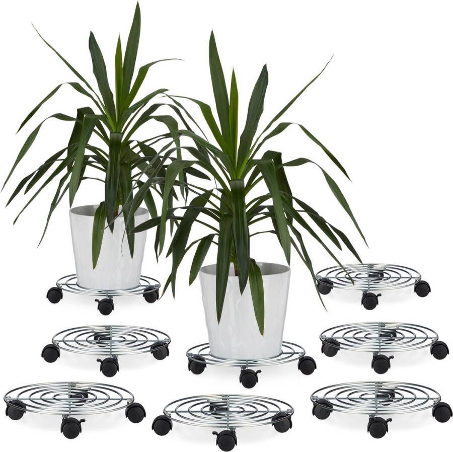 Relaxdays 8 x plantentrolley met rem ronden plantenbakroller multiroller uit metaal