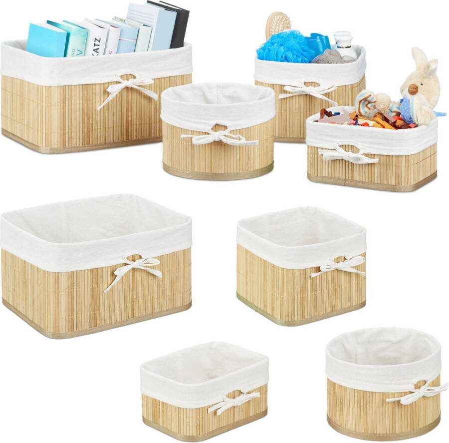 Relaxdays 8x bamboe opbergmanden mandjes vierkant en rond naturel