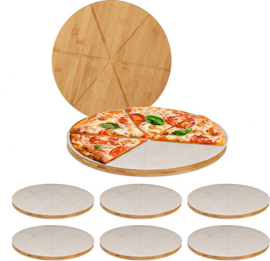 Relaxdays 8x Pizzaplank bamboe rond serveerplank- 33 cm bakpapier pizzabord set