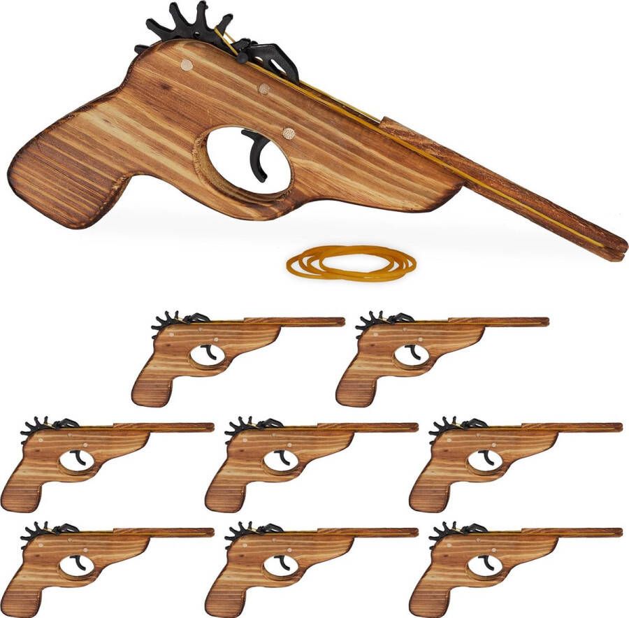 Relaxdays 9 x elastiek pistool geweer houten pistool speelgoedpistool elastiekjes