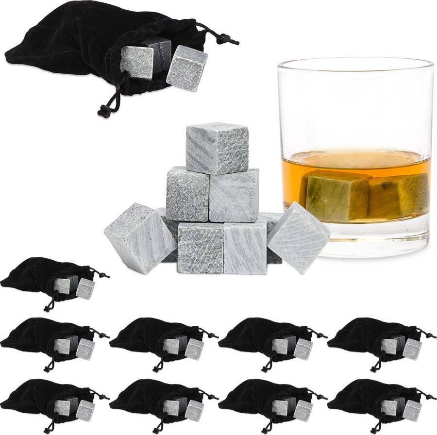 Relaxdays 90 x whiskey stenen whiskey stones grijs ijsklontjes smaakloos stofzak