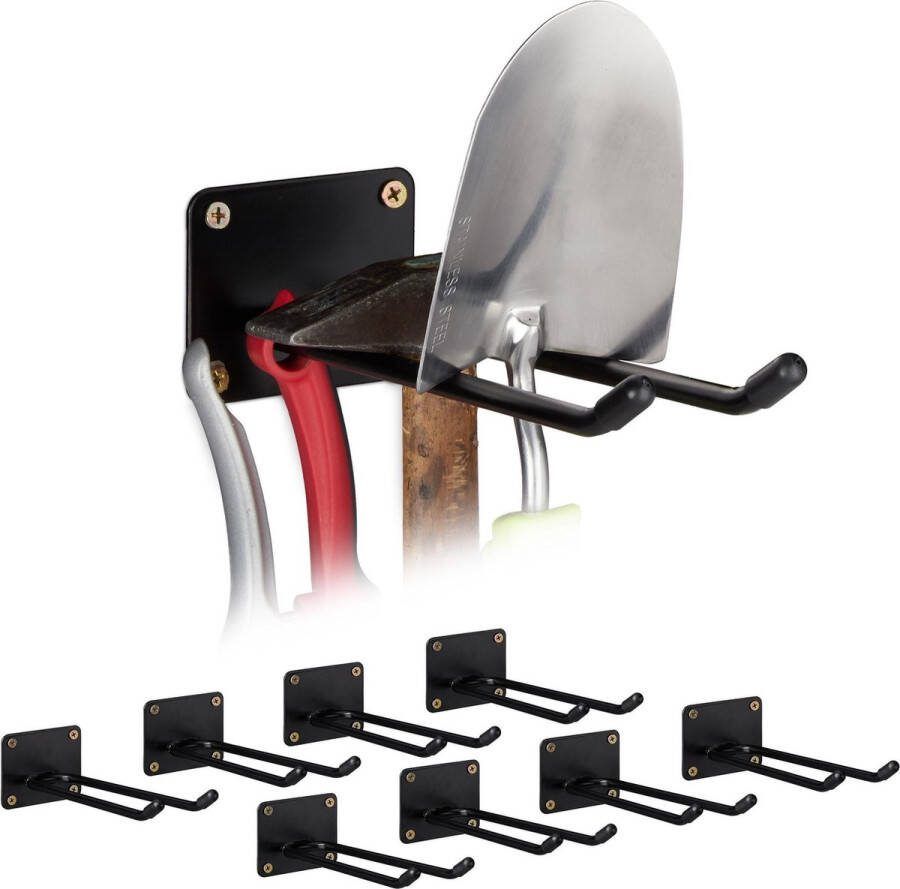 Relaxdays 9 x gereedschapshaak wandhaak tuingereedschap dubbele haak staal – zwart