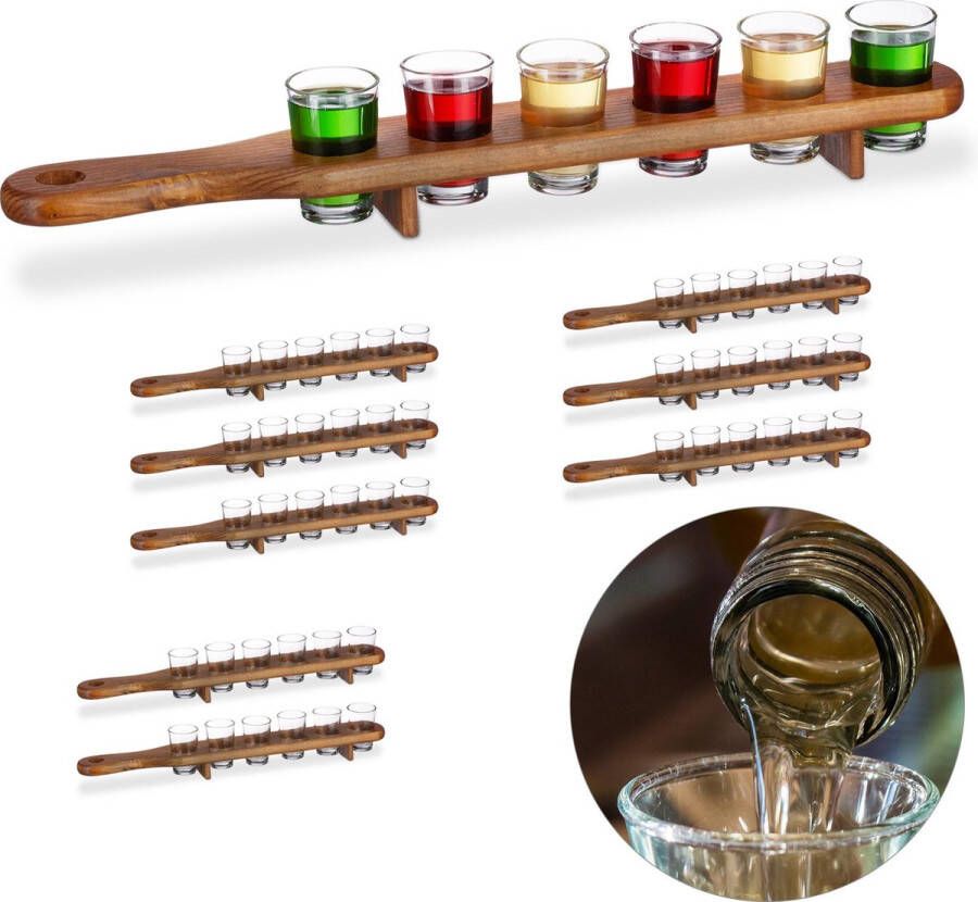 Relaxdays 9x shotglas set met plank serveerplank 54 glaasjes 4 cl shotglaasjes