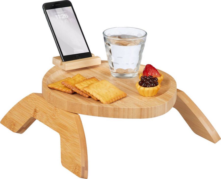 Relaxdays armleuning tafeltje bank armleuning dienblad met telefoonhouder bamboe