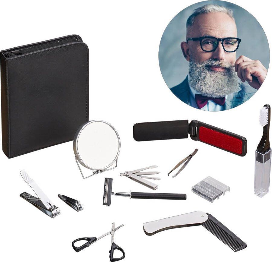 Relaxdays Baardverzorging manicure set 11-delig verzorgingset voor mannen o.a. baardschaar baardkam scheermes in leren opbergetui
