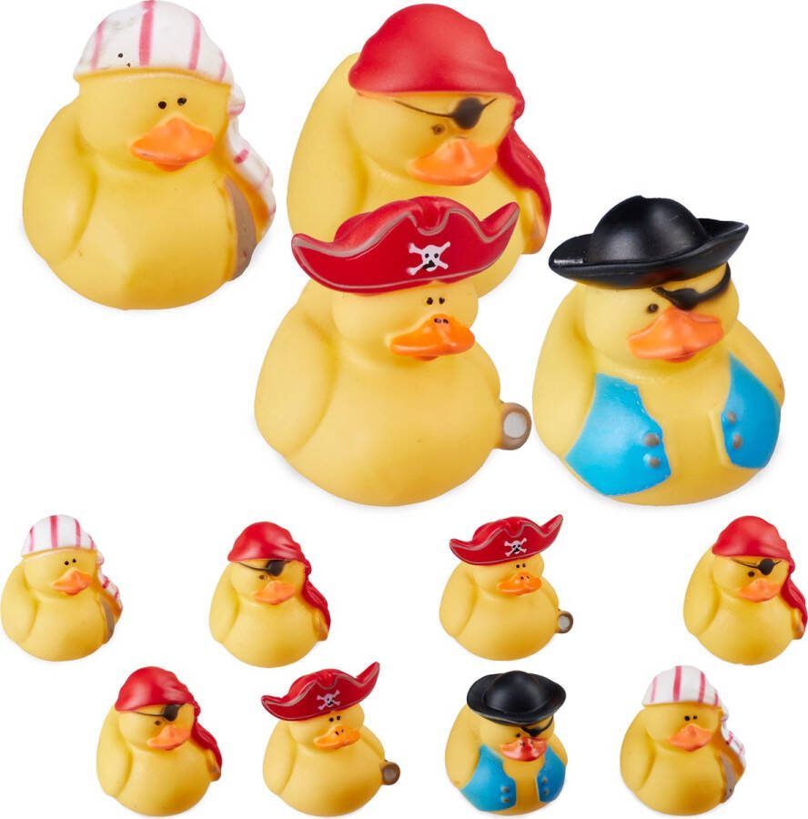 Relaxdays badeend piraat set van 12 rubberen badeendjes 4 designs badspeelgoed
