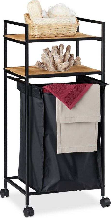 Relaxdays badkamer trolley met wasmand metaal & bamboe wasbox badkamerrek waszak
