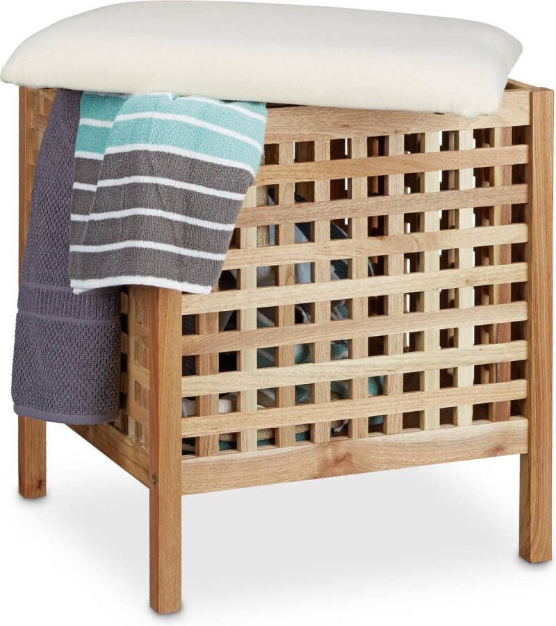 Relaxdays badkamerkruk met wasmand en kussen hocker met opbergruimte 52 L