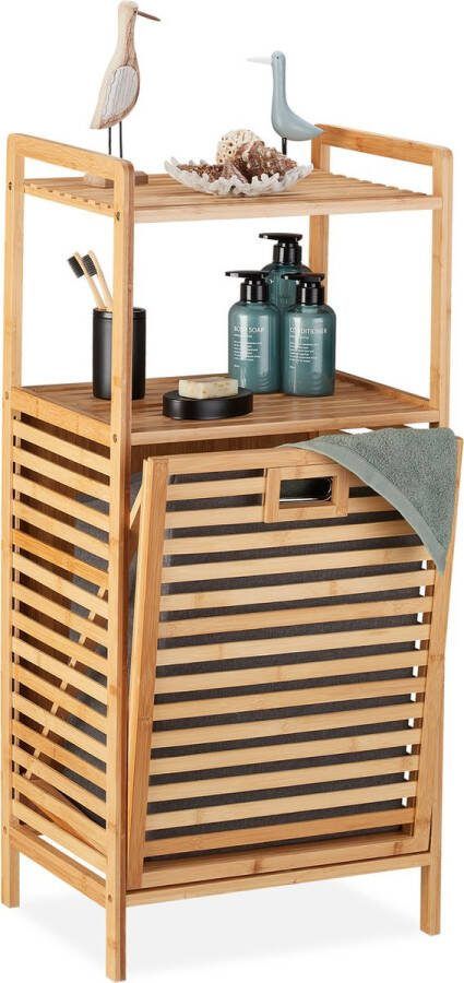 Relaxdays badkamerrek met wasmand bamboe rek stoffen wasbox 2 planken waszak grijs