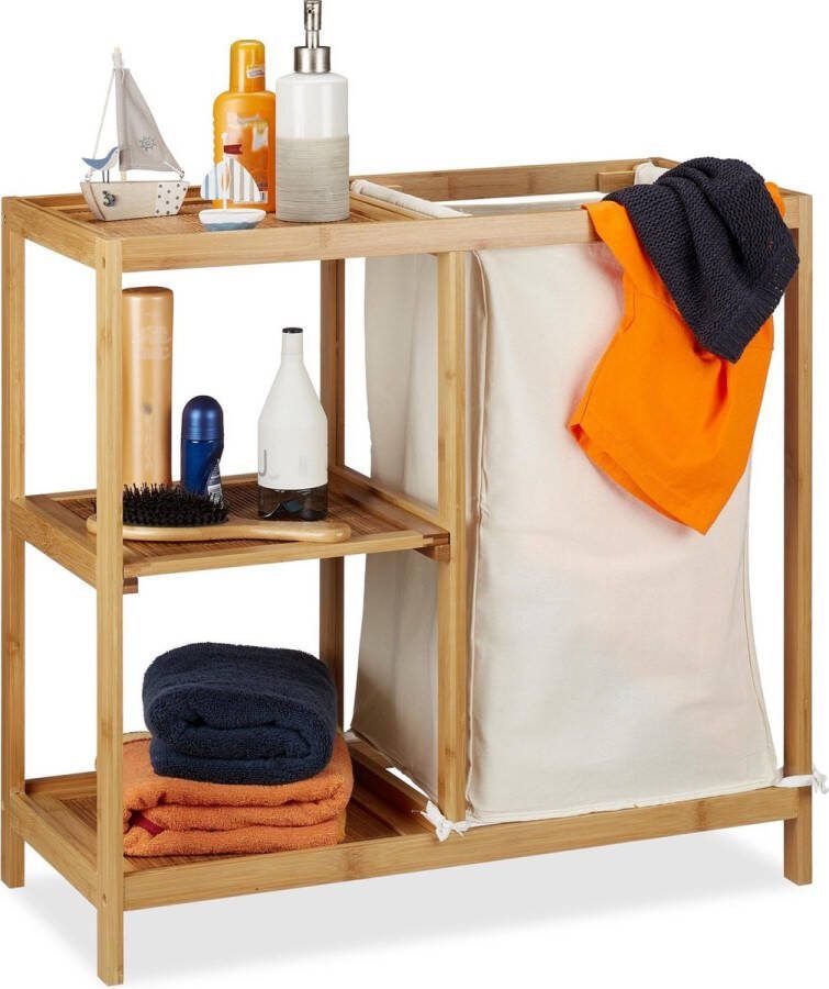 Relaxdays badkamerrek met wasmand waszak rek voor badkamer bamboe natuur 50 l
