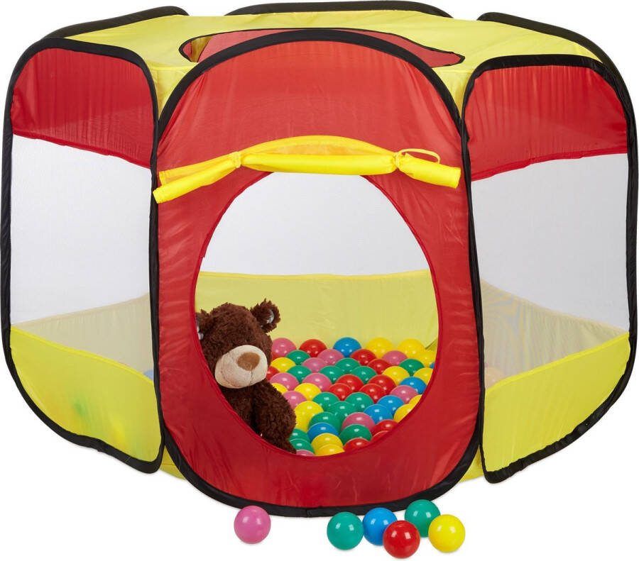 Relaxdays ballenbak met 100 ballen ballenbad voor kinderen pop up speeltent rood-geel