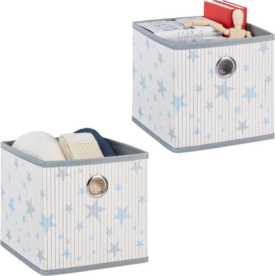 Relaxdays Bamboe opbergmand set van 2 opbergbox 29x29 cm kast organizer print ster