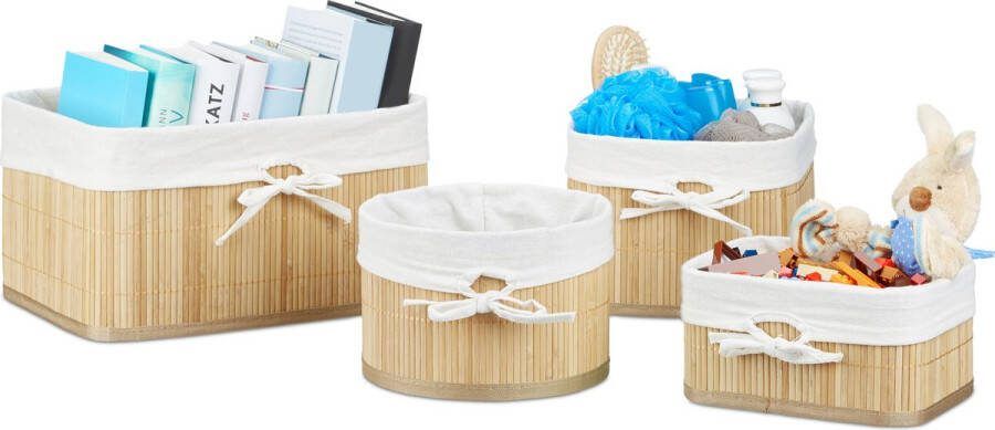 Relaxdays Bamboe opbergmanden set van 4 mandjes vierkant en rond naturel